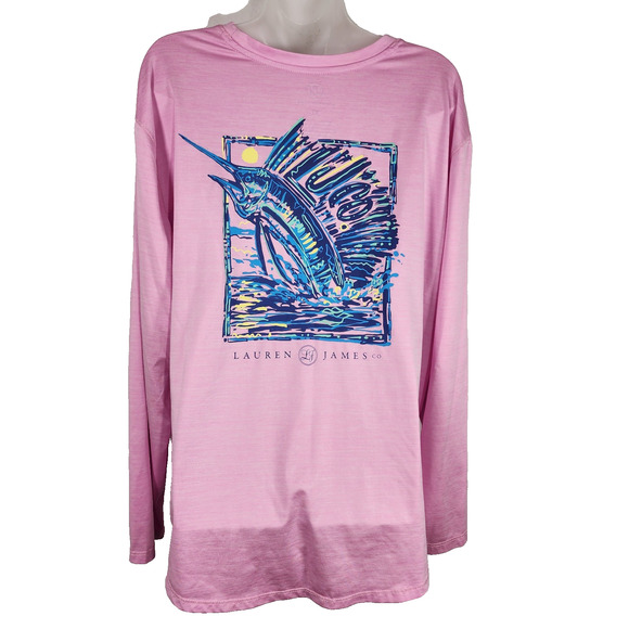 Lauren James Women's T Shirt Size XL Pink Long Sleeve Swordfish Graphic Fishing - Picture 2 of 9